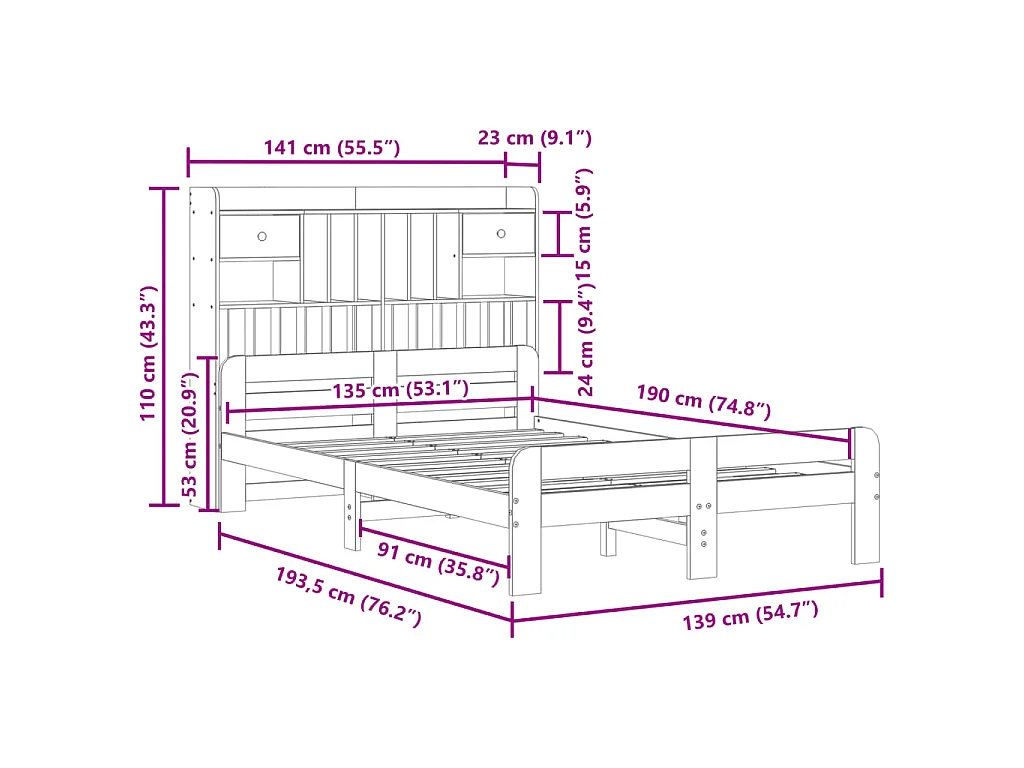 Lit bibliothèque sans matelas blanc 135x190 cm bois pin massif