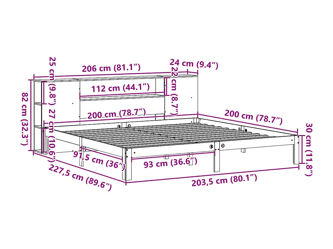 Lit bibliothèque sans matelas 200x200 cm bois massif de pin