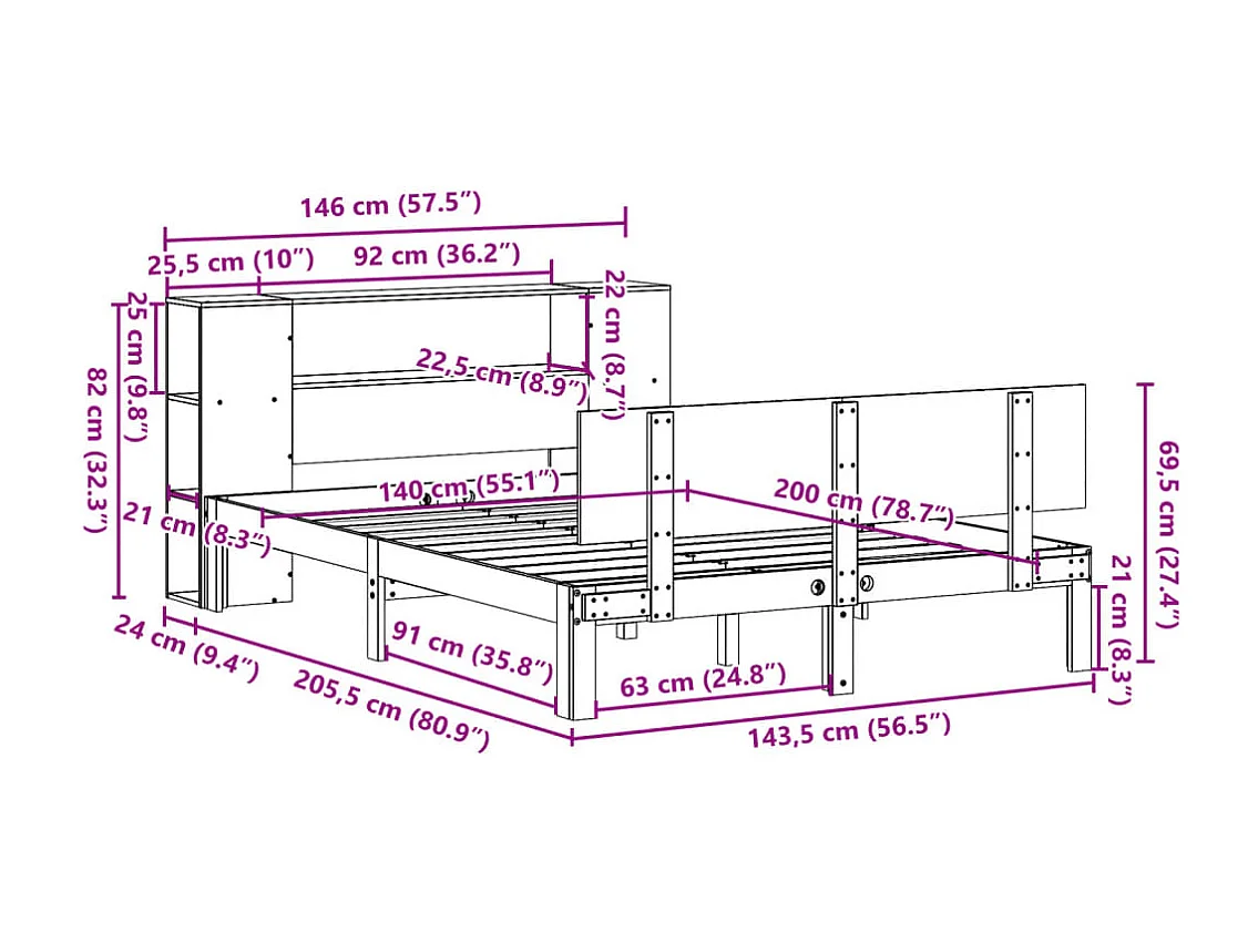 Bed met boekenkast zonder matras massief grenenhout 140x200 cm