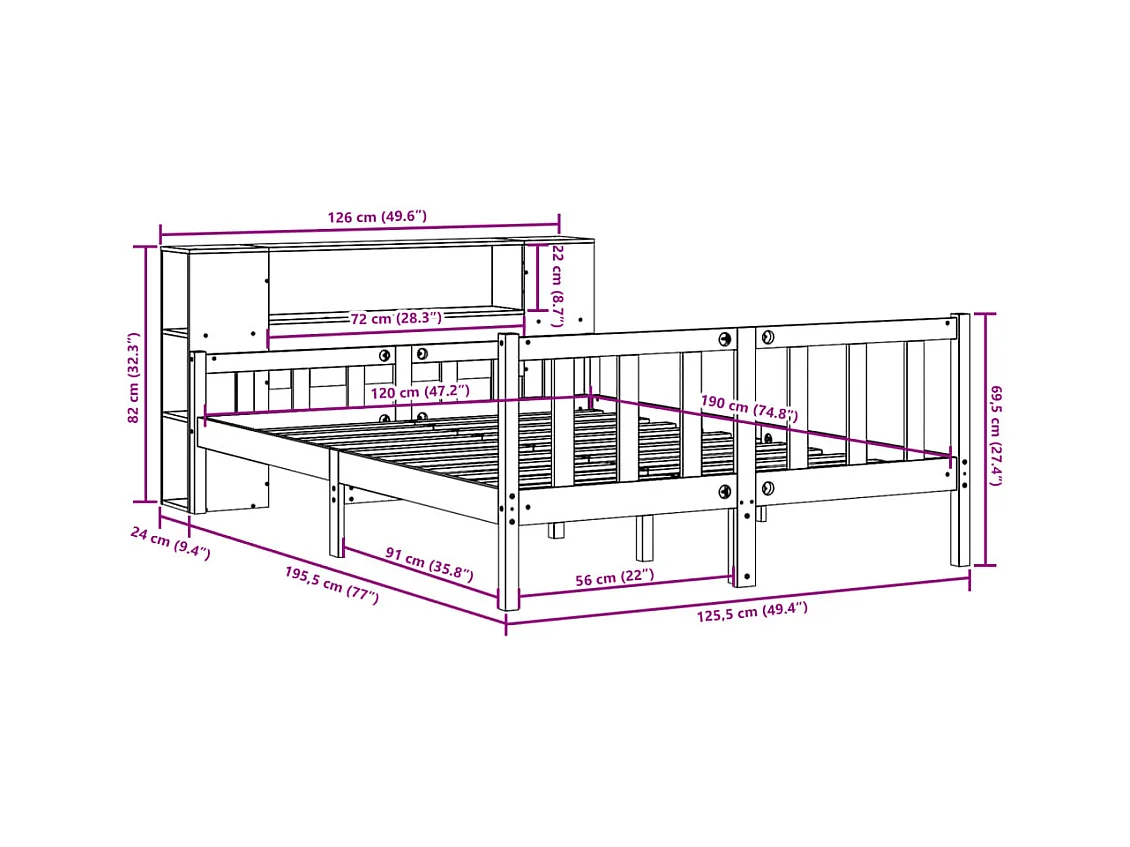 Letto Libreria senza Materasso 120x190cm Legno Massello di Pino