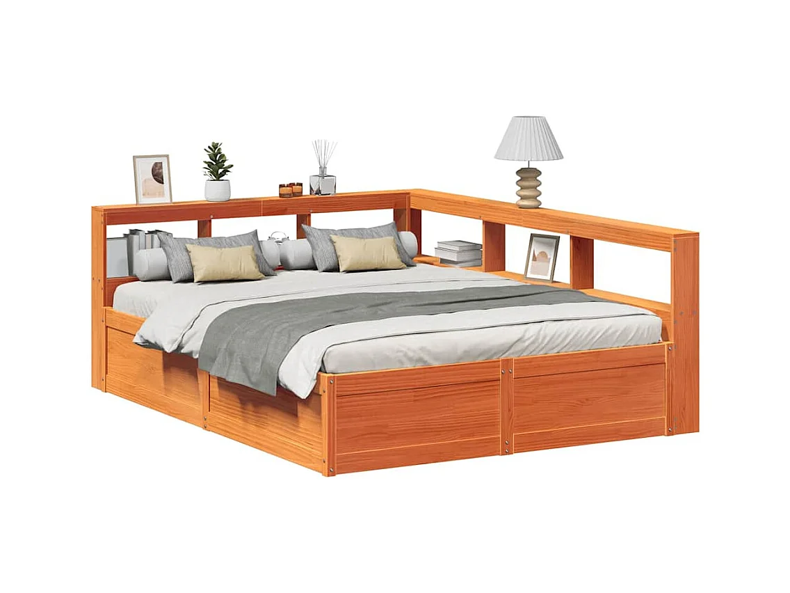 Lit bibliothèque sans matelas cire marron 150x200 cm pin massif