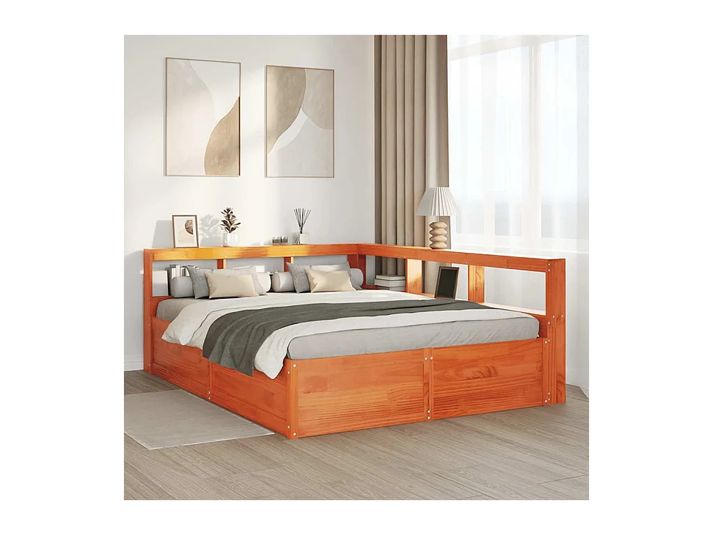 Lit bibliothèque sans matelas cire marron 150x200 cm pin massif