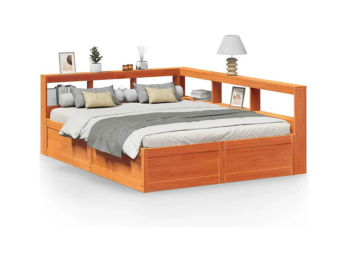 Lit bibliothèque sans matelas cire marron 150x200 cm pin massif