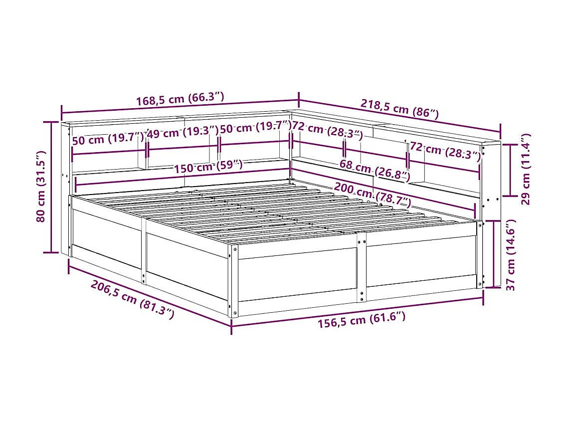 Cama con estantería sin colchón madera maciza marrón 150x200 cm