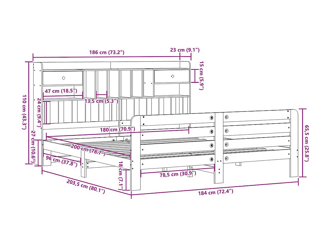Letto Libreria senza Materasso Marrone Cera 180x200 cm in Pino