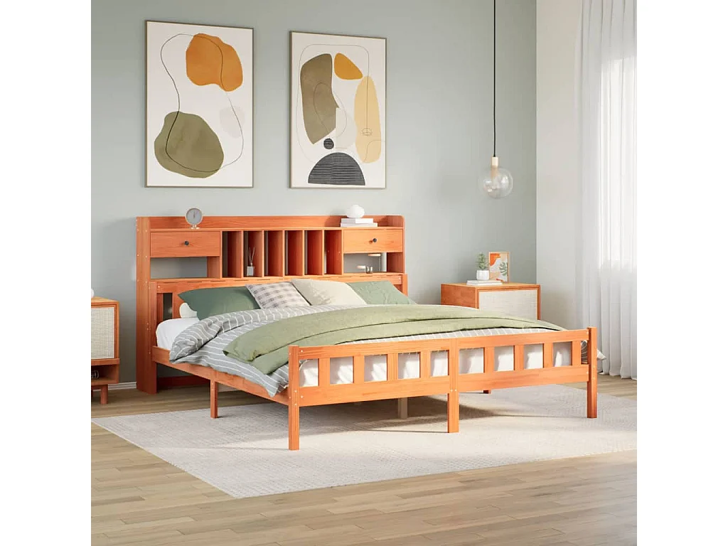 Bed met boekenkast zonder matras grenenhout wasbruin 180x200 cm
