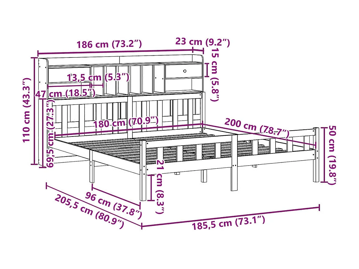 Bed met boekenkast zonder matras grenenhout wasbruin 180x200 cm