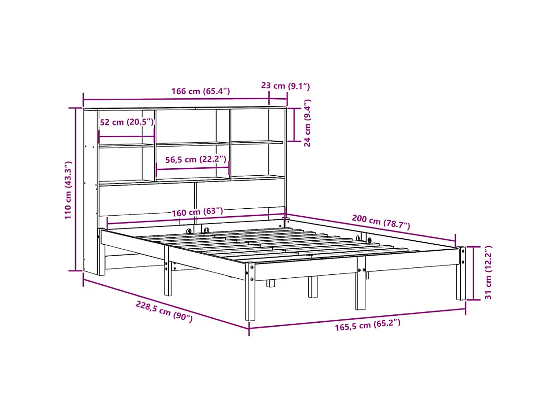 Lit bibliothèque sans matelas 160x200 cm bois massif de pin