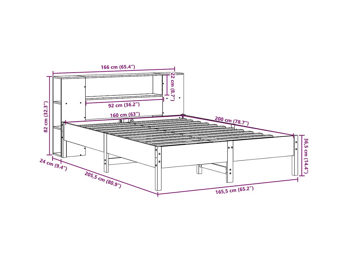 Lit bibliothèque sans matelas blanc 160x200 cm bois pin massif