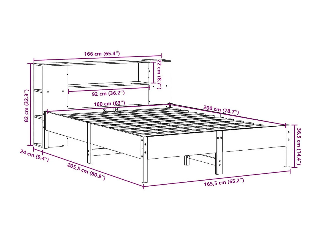 Massivholzbett mit Regal ohne Matratze Weiß 160x200 cm Kiefer