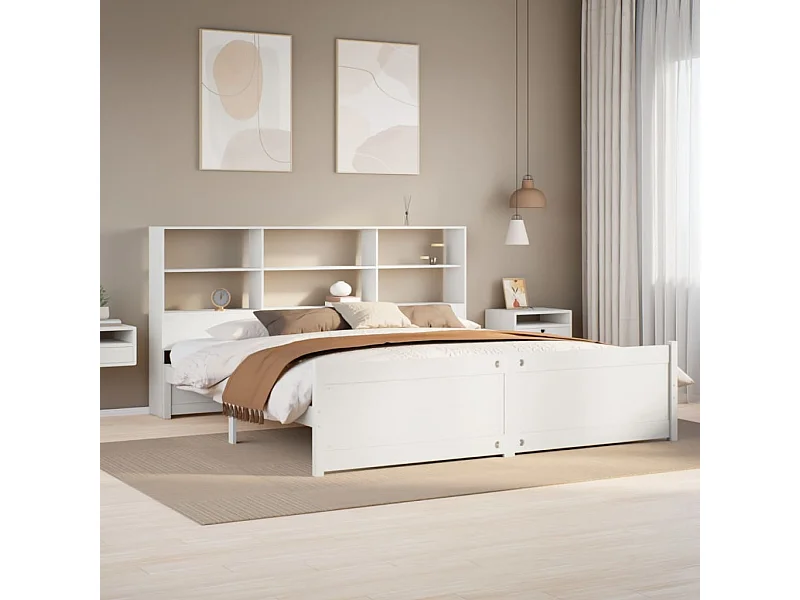 Lit bibliothèque sans matelas blanc 200x200 cm bois pin massif