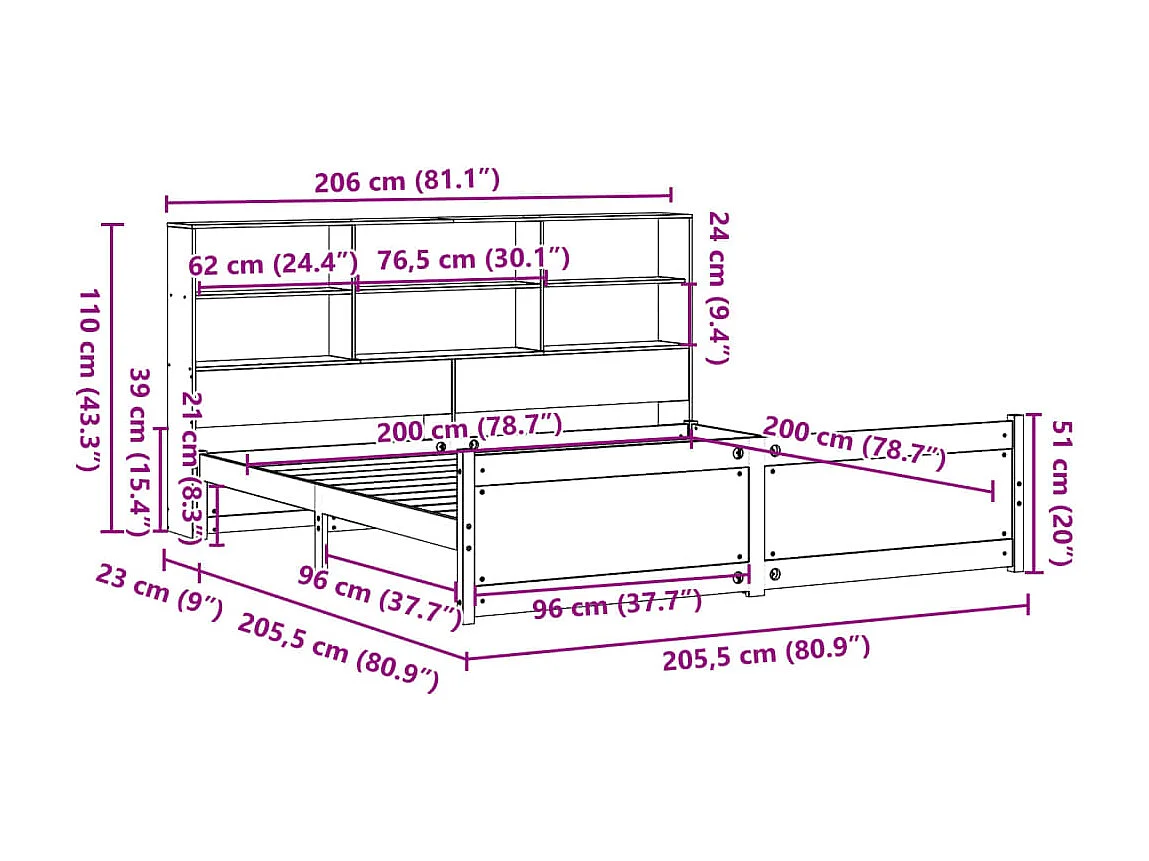 Lit bibliothèque sans matelas blanc 200x200 cm bois pin massif
