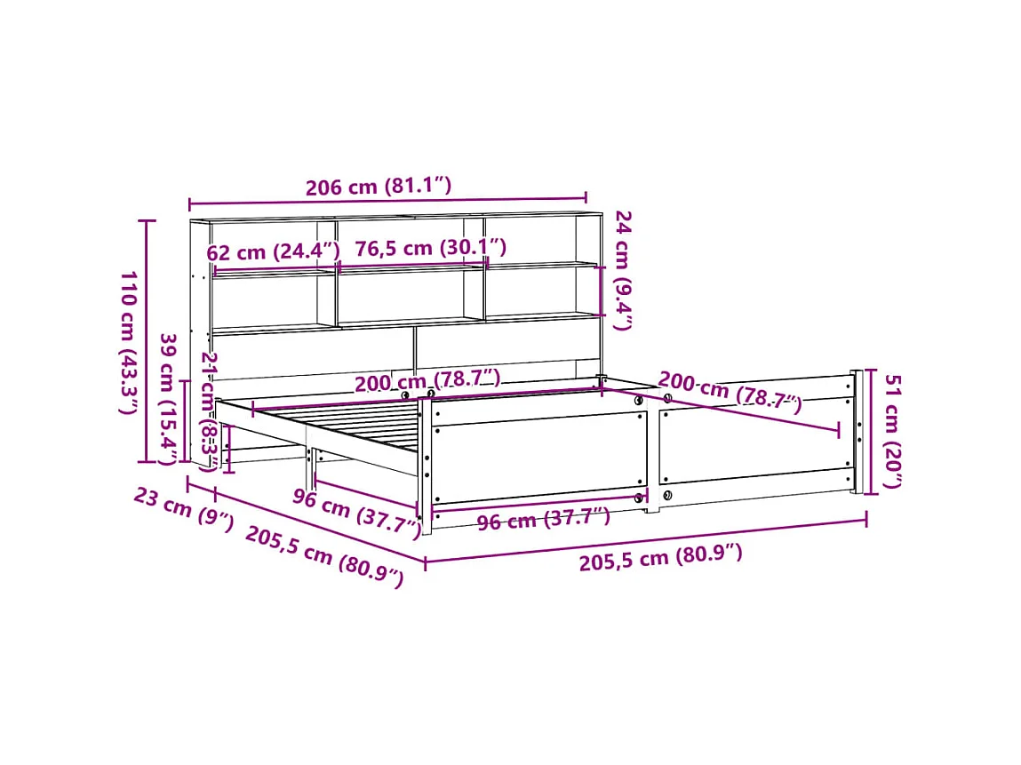 Lit bibliothèque sans matelas blanc 200x200 cm bois pin massif