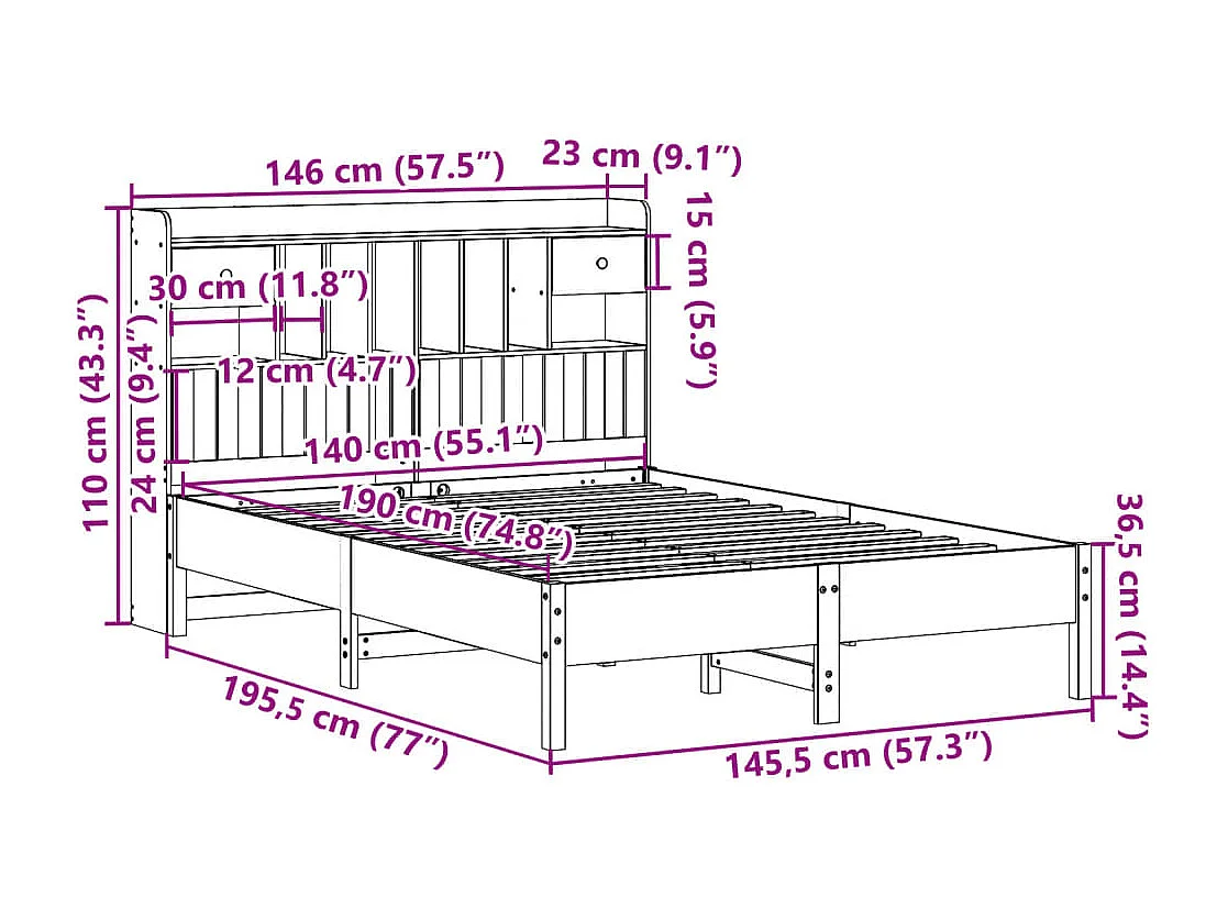 Lit bibliothèque sans matelas blanc 140x190 cm bois pin massif
