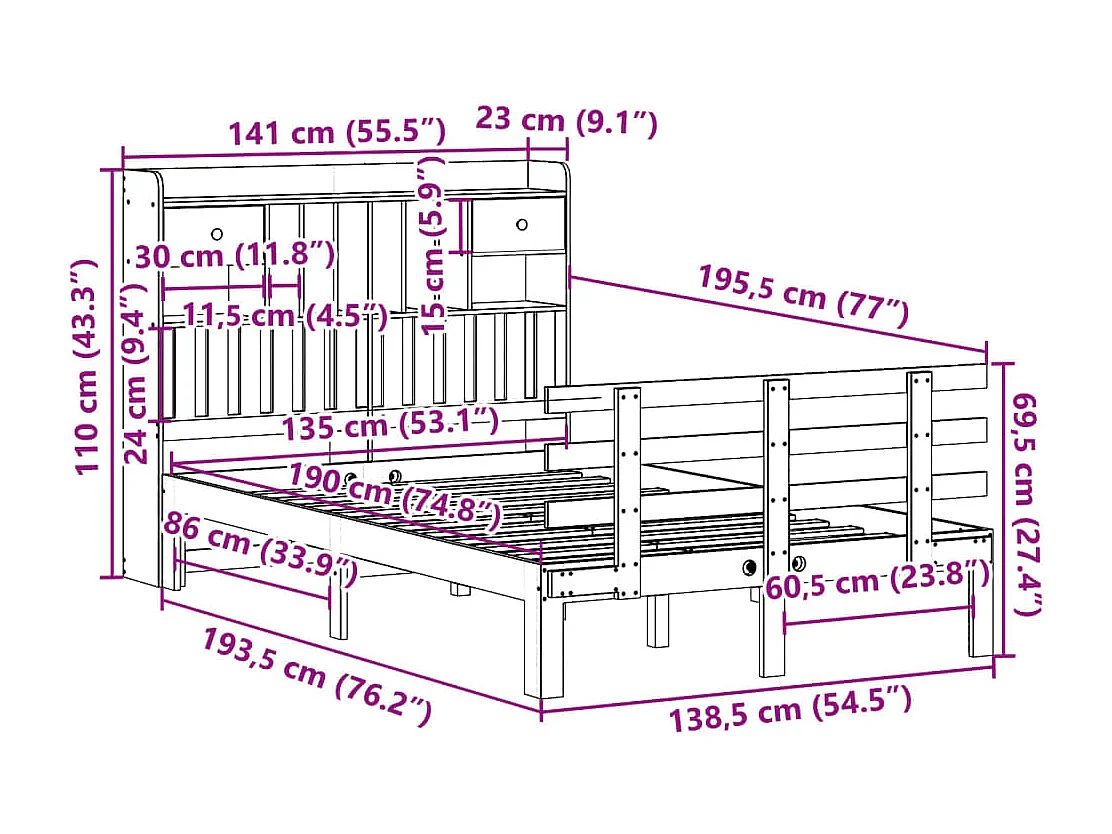 Massivholzbett mit Regal ohne Matratze Weiß 135x190 cm Kiefer