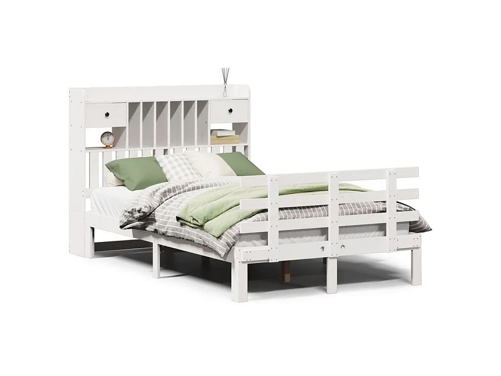 Lit bibliothèque sans matelas blanc 135x190 cm bois pin massif