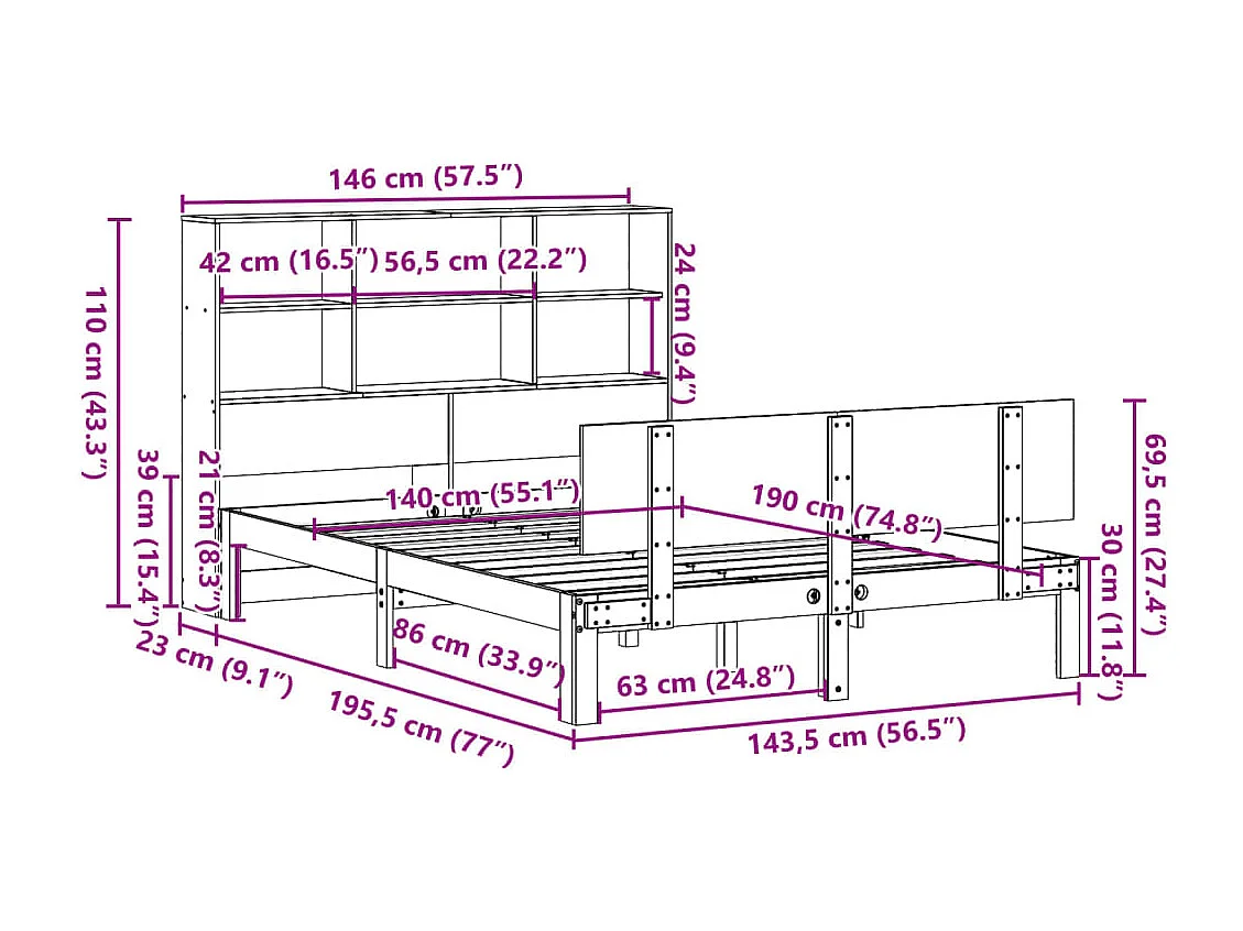 Massivholzbett mit Regal ohne Matratze Weiß 140x190 cm Kiefer