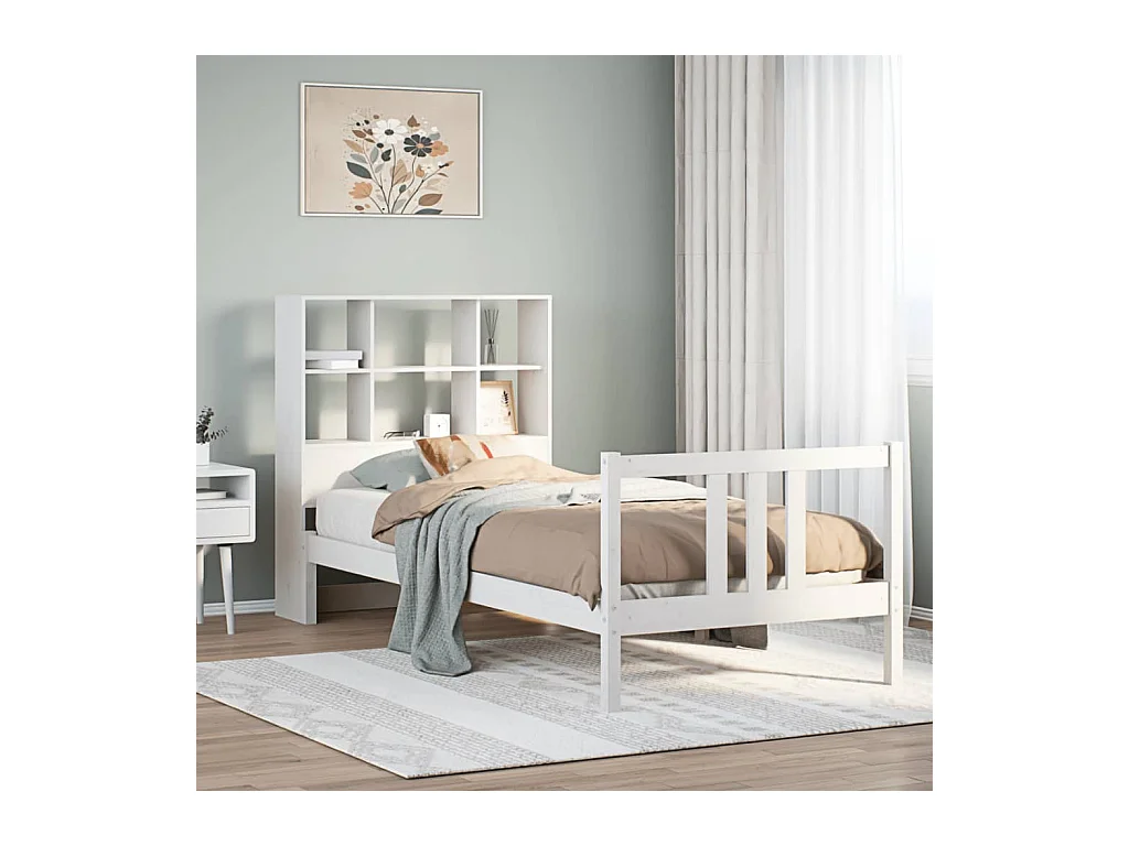 Lit bibliothèque sans matelas blanc 90x200cm bois de pin massif