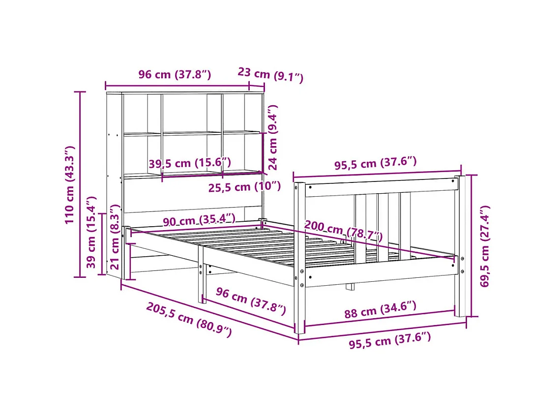 Lit bibliothèque sans matelas blanc 90x200cm bois de pin massif