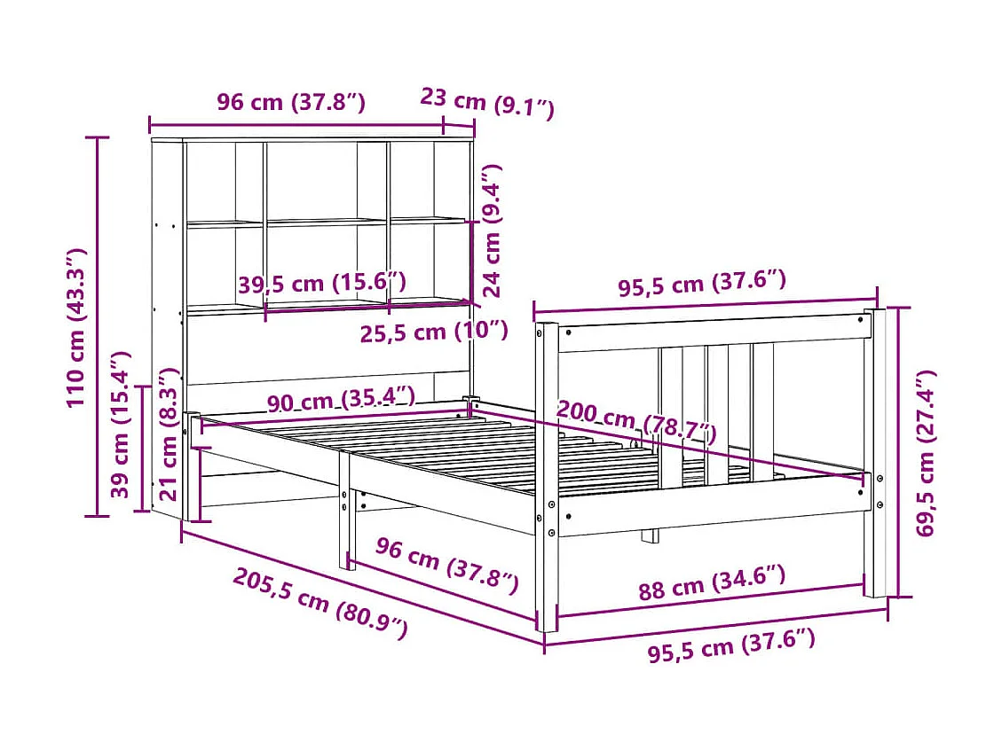 Letto Libreria senza Materasso Bianca 90x200 cm Legno di Pino