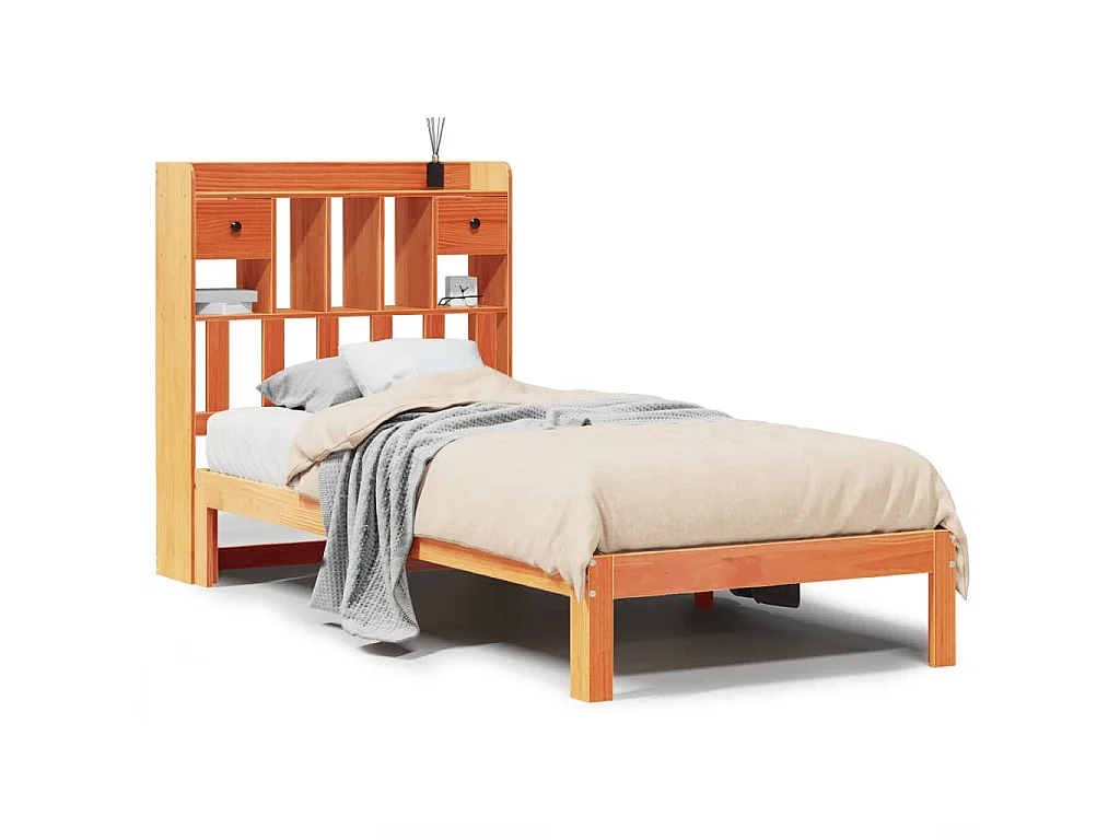 Massivholzbett mit Regal ohne Matratze Wachsbraun 100x200 cm