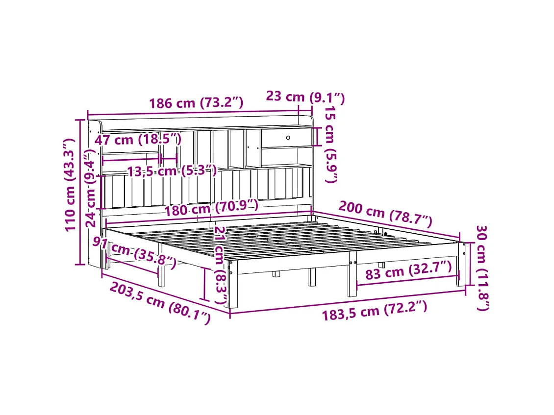 Lit bibliothèque sans matelas 180x200 cm bois massif de pin