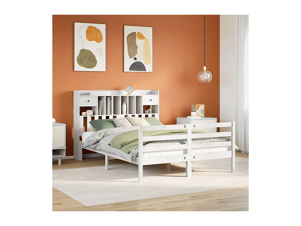 Lit bibliothèque sans matelas blanc 140x190 cm bois pin massif