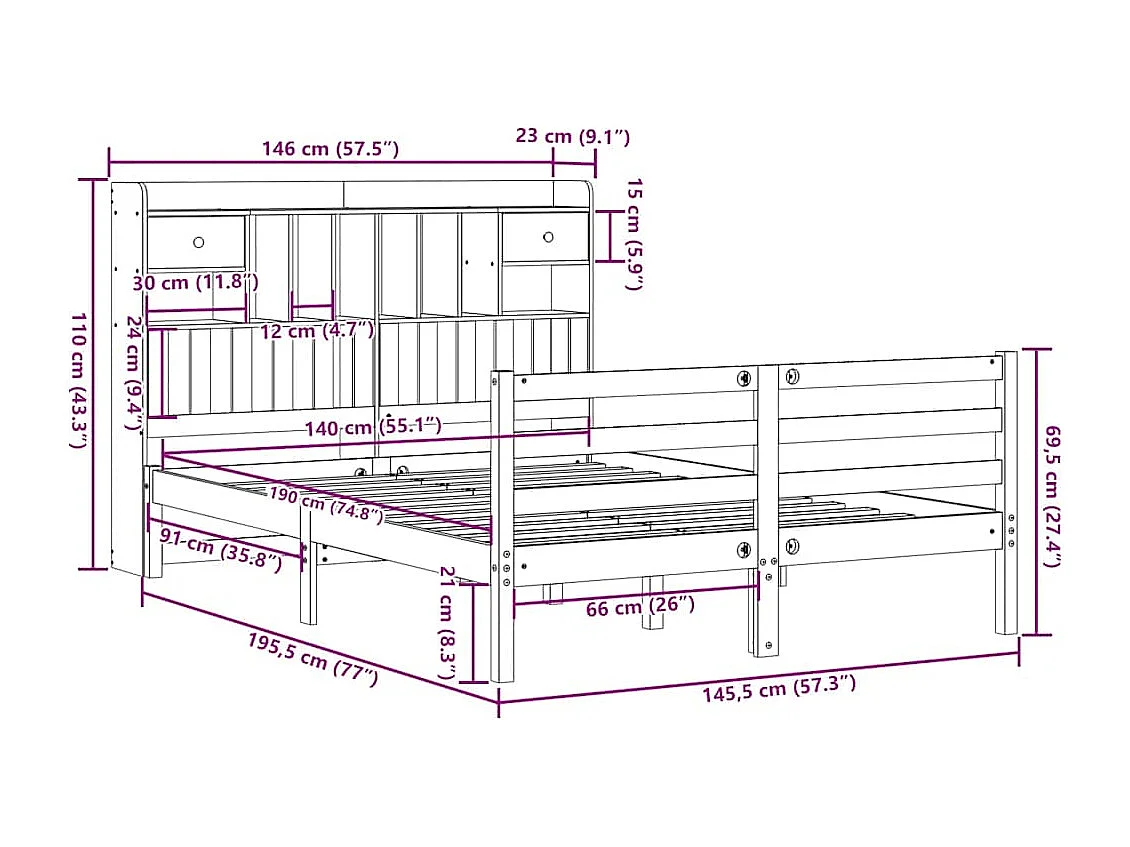 Massivholzbett mit Regal ohne Matratze Weiß 140x190 cm Kiefer