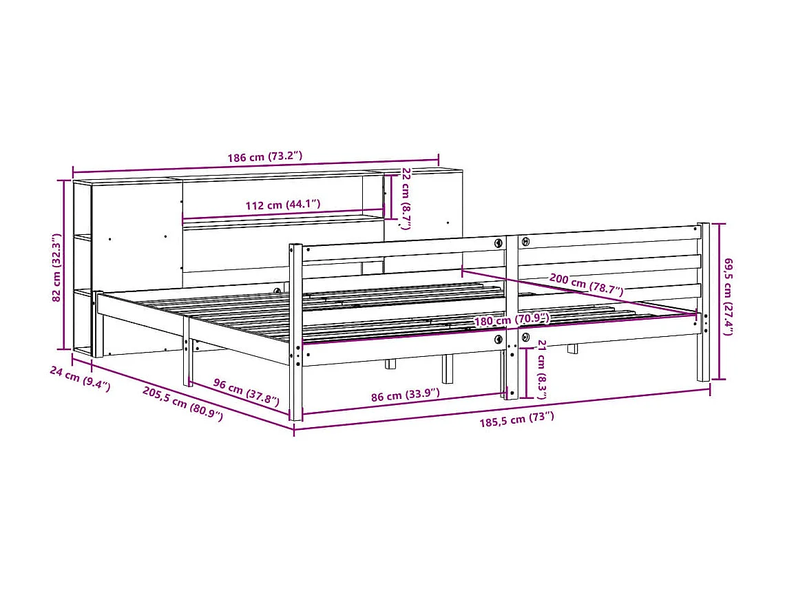 Letto Libreria senza Materasso Marrone Cera 180x200 cm in Pino