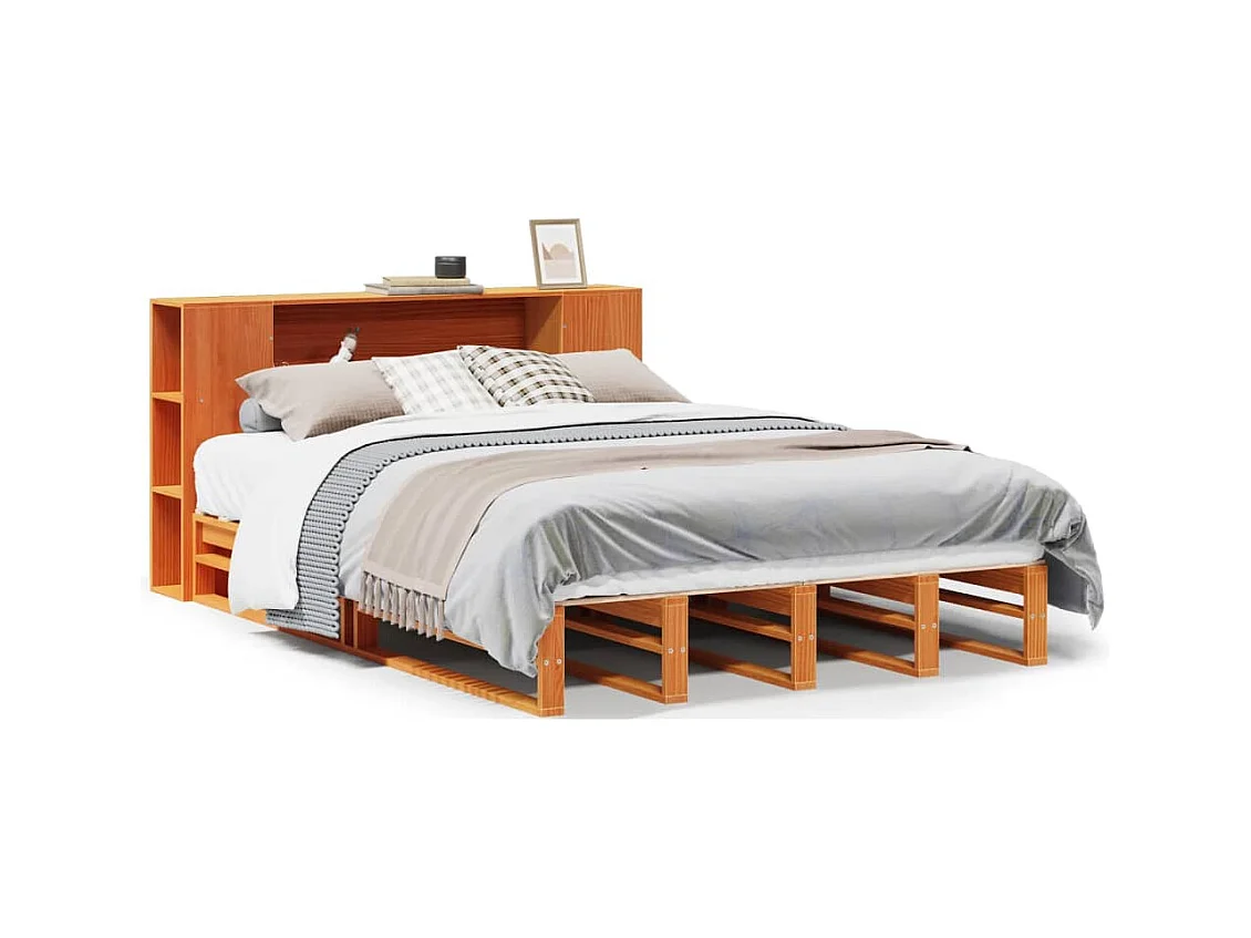 Massivholzbett mit Regal ohne Matratze Wachsbraun 140x200 cm