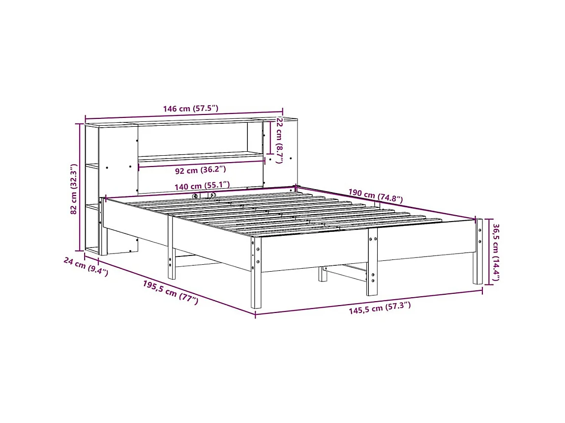 Lit bibliothèque sans matelas 140x190 cm bois de pin massif