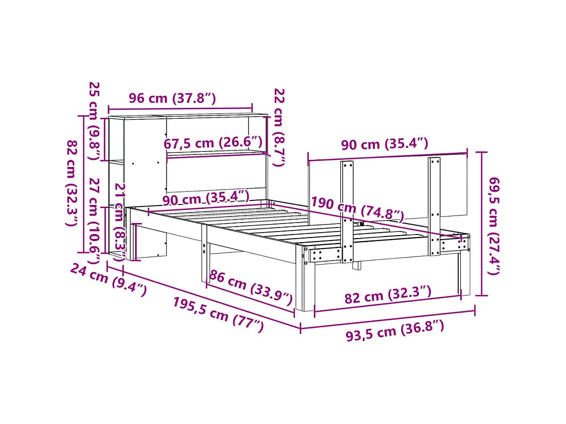 Lit bibliothèque sans matelas 90x190 cm bois de pin massif