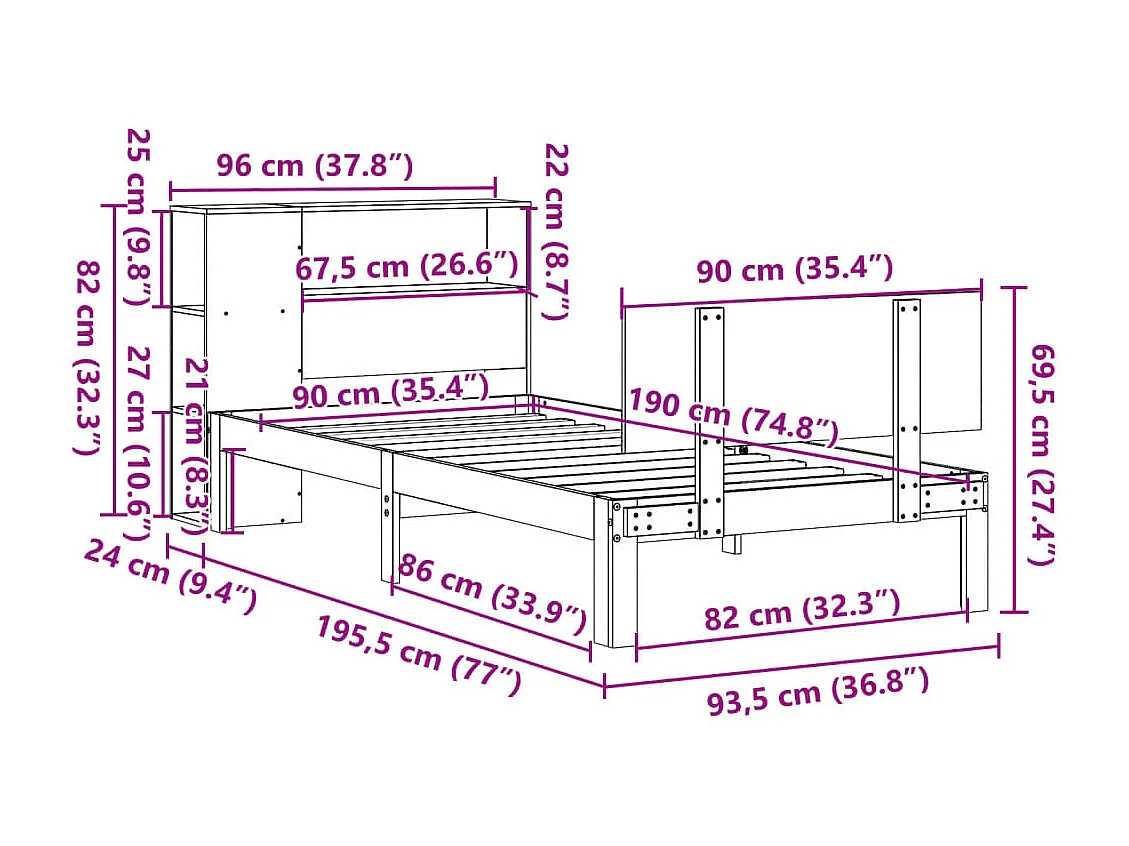 Letto Libreria senza Materasso 90x190 cm Legno Massello Pino