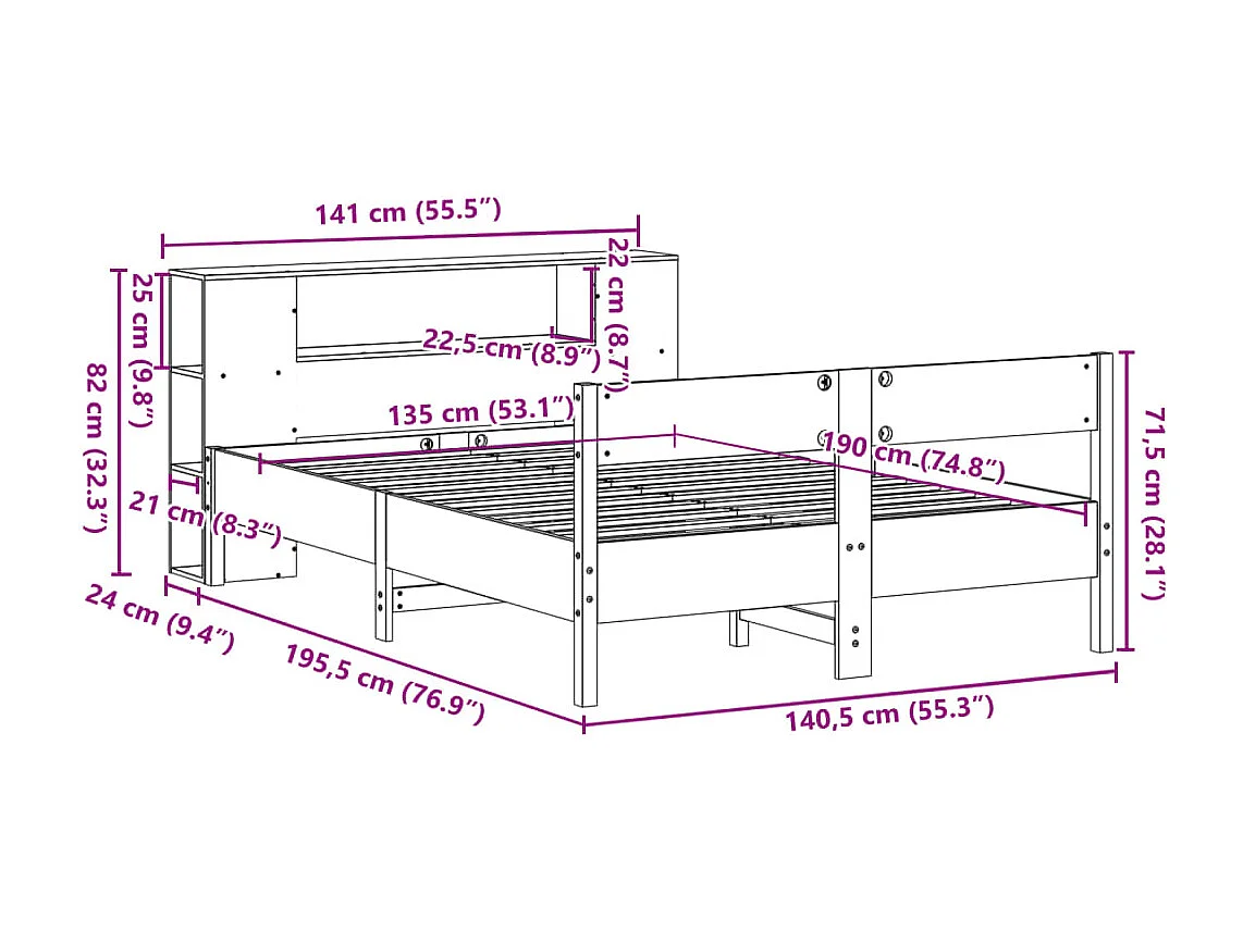 Letto Libreria senza Materasso 135x190 cm in Legno di Pino