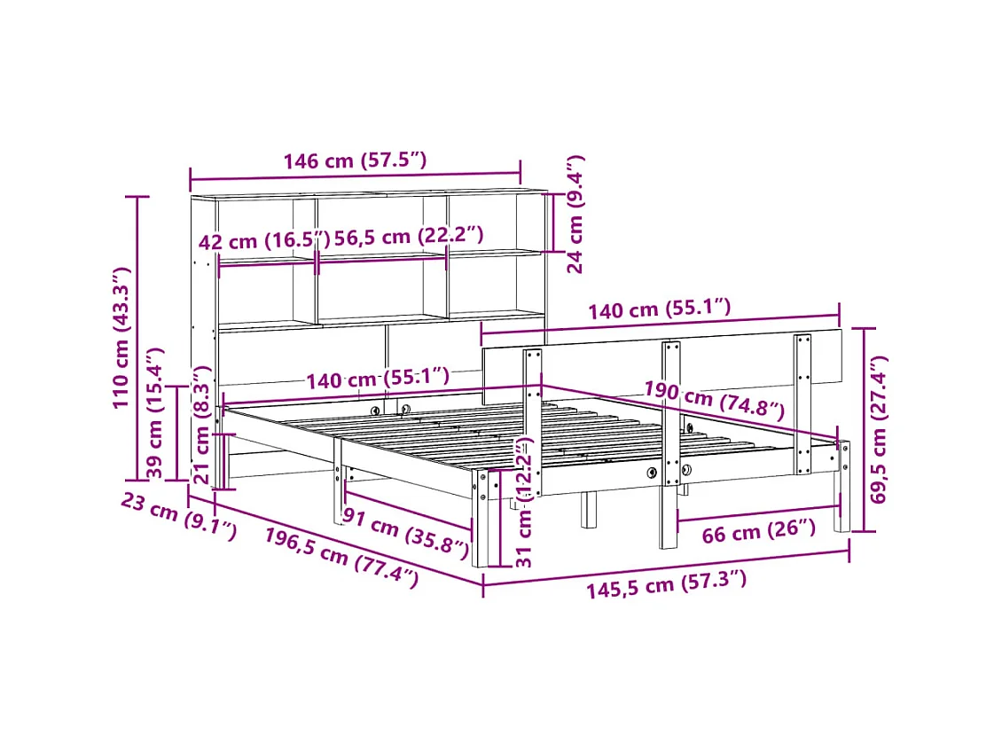 Lit bibliothèque sans matelas blanc 140x190 cm bois pin massif