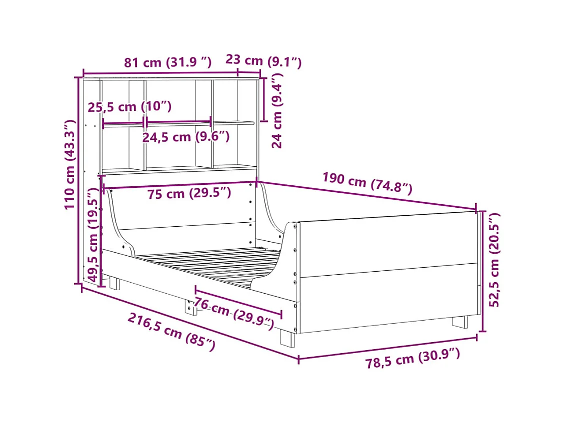 Lit bibliothèque sans matelas cire marron 75x190 cm bois massif