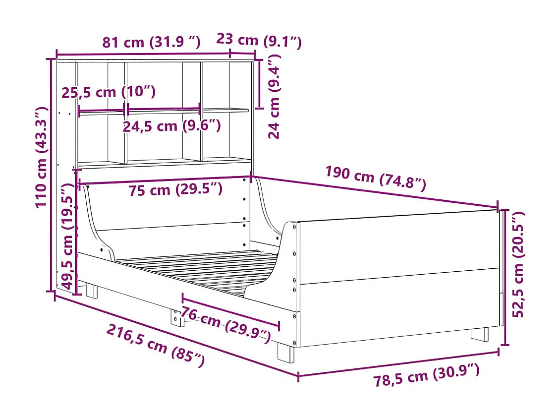 Lit bibliothèque sans matelas cire marron 75x190 cm bois massif