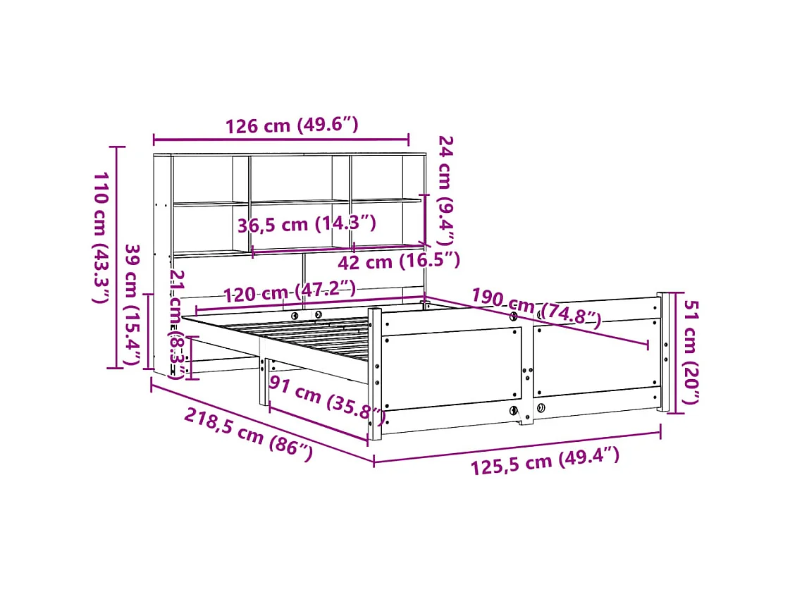 Lit bibliothèque sans matelas 120x190 cm bois de pin massif