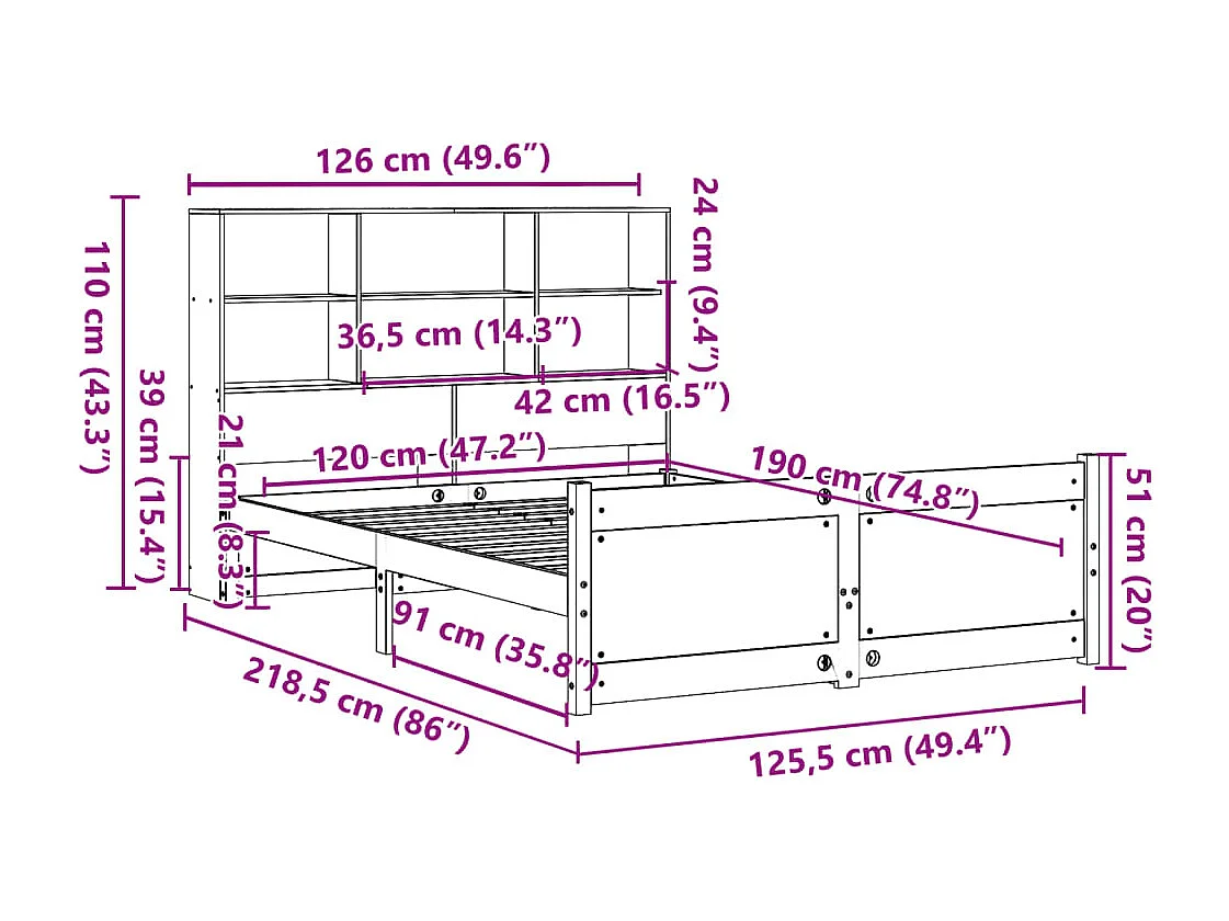 Cama com estante sem colchão 120x190 cm pinho maciço