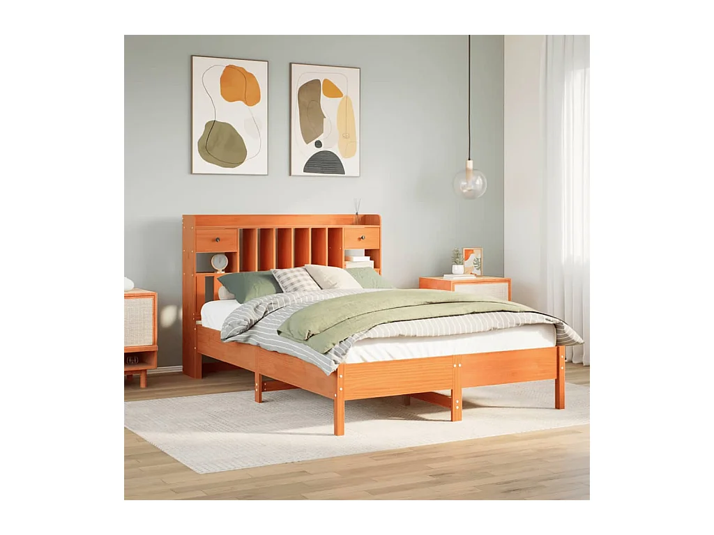 Lit bibliothèque sans matelas cire marron 140x190 cm pin massif
