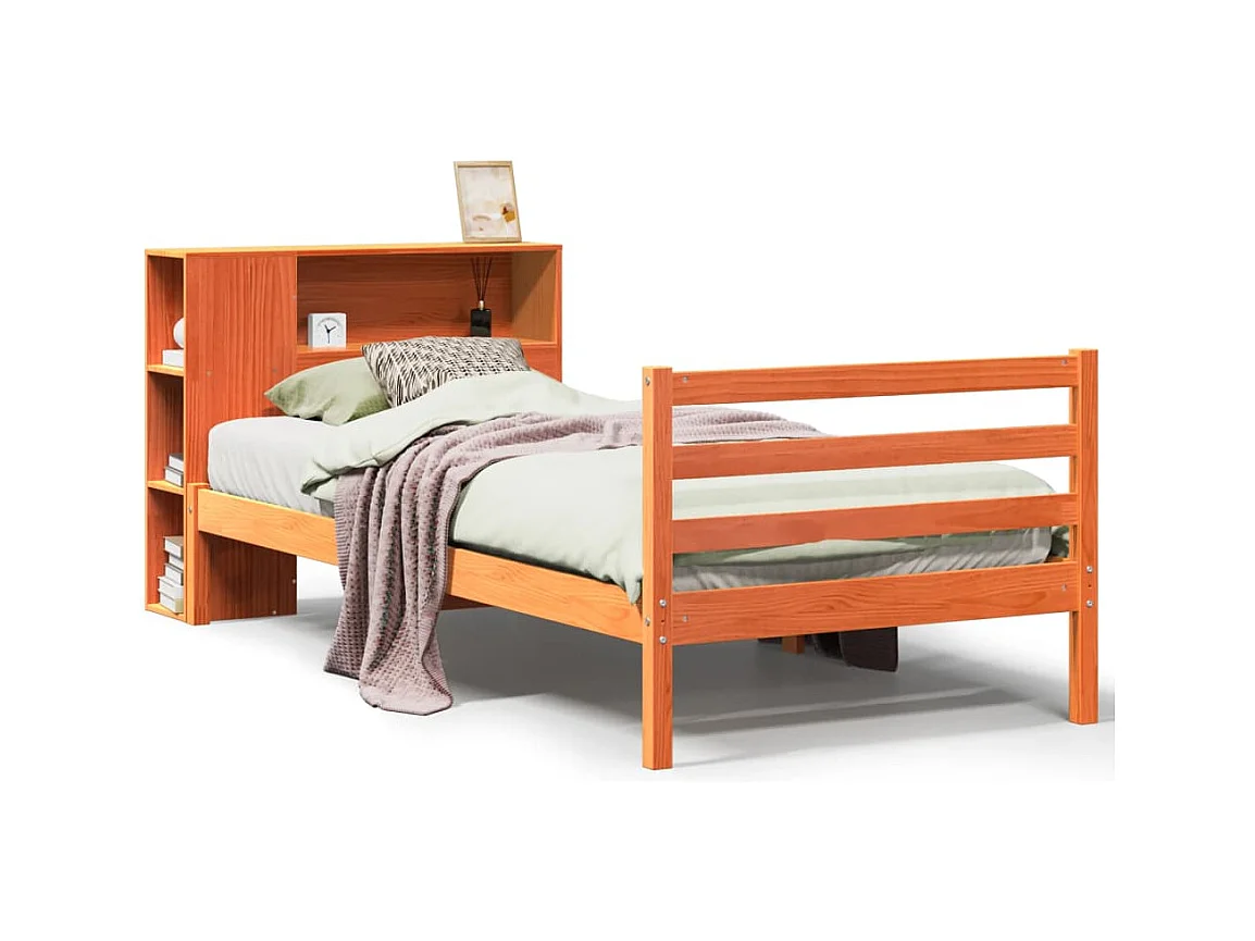 Lit bibliothèque sans matelas cire marron 100x200cm bois massif