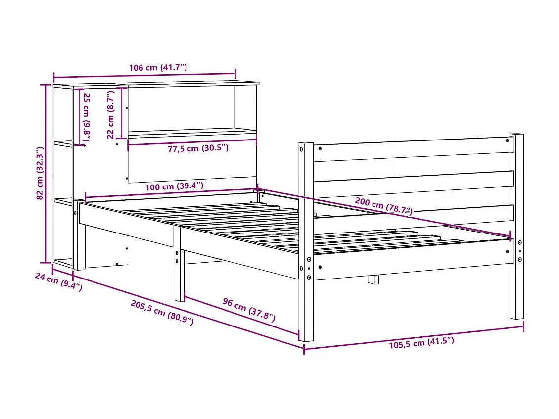 Lit bibliothèque sans matelas cire marron 100x200cm bois massif