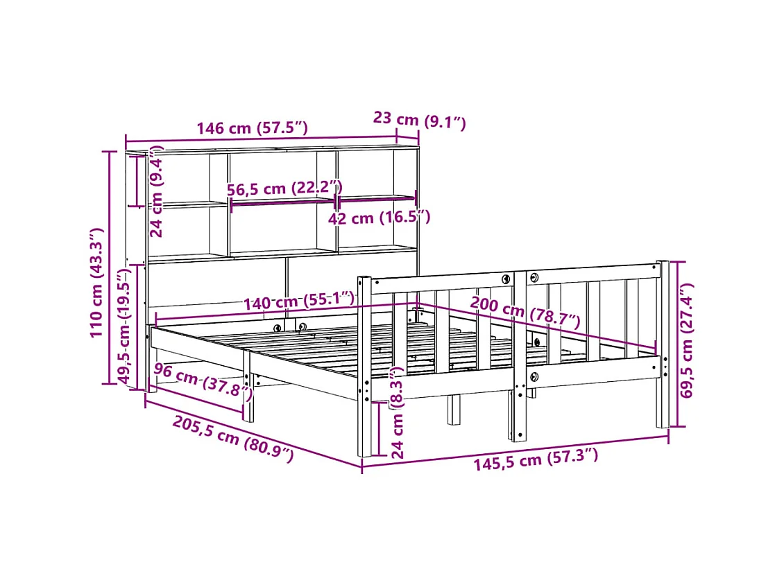 Bed met boekenkast zonder matras grenenhout wit 140x200 cm