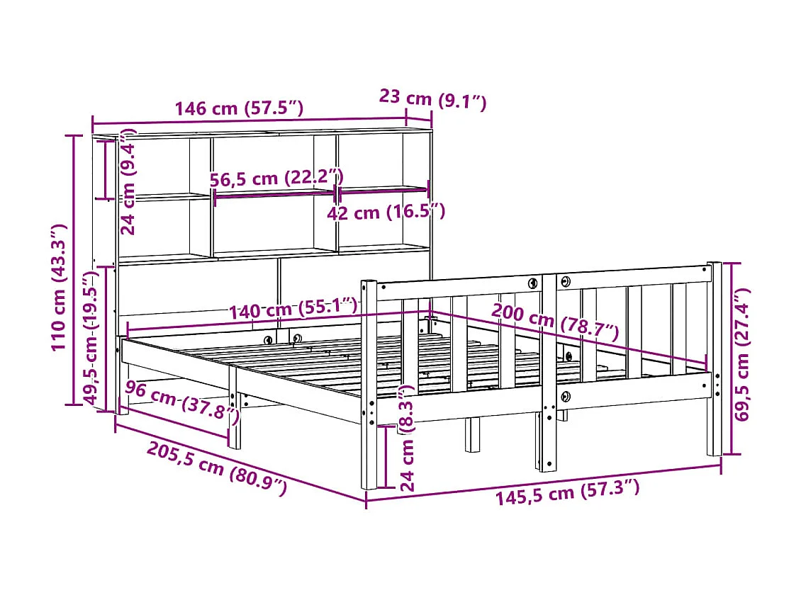 Lit bibliothèque sans matelas blanc 140x200 cm bois pin massif