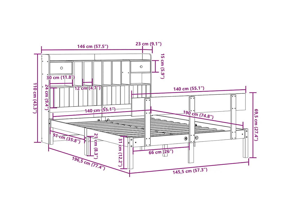Lit bibliothèque sans matelas blanc 140x190 cm bois pin massif