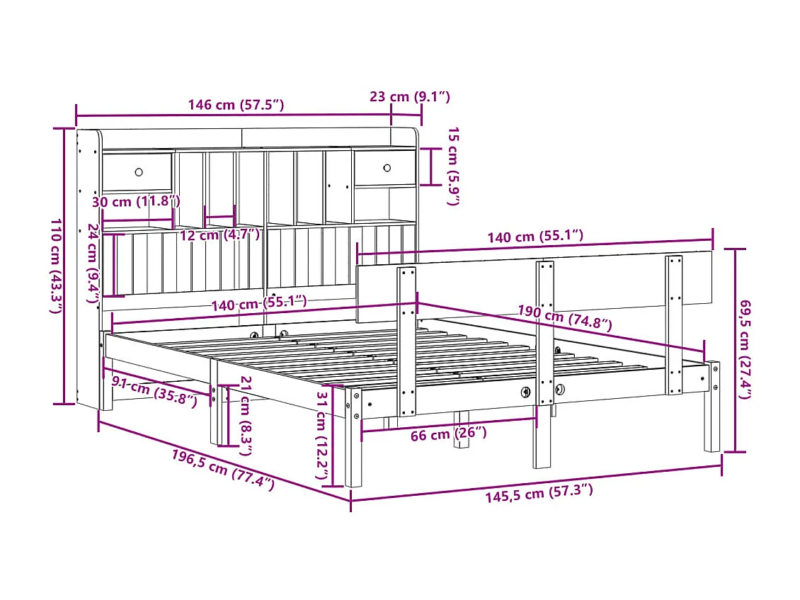 Massivholzbett mit Regal ohne Matratze Weiß 140x190 cm Kiefer