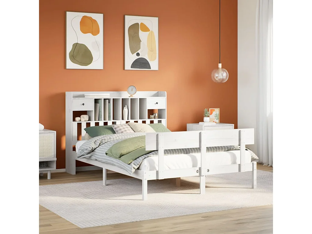 Lit bibliothèque sans matelas blanc 140x190 cm bois pin massif