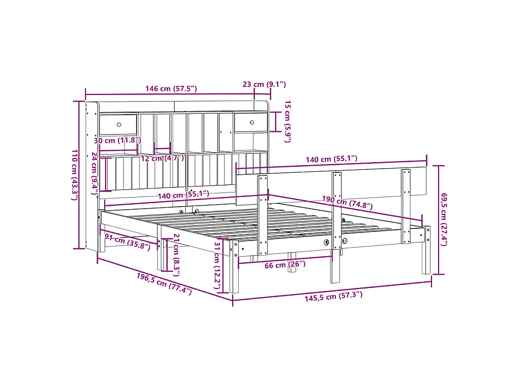 Lit bibliothèque sans matelas blanc 140x190 cm bois pin massif