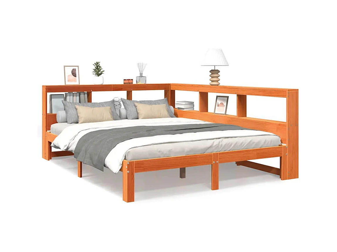 Massivholzbett mit Regal ohne Matratze Wachsbraun 135x190 cm