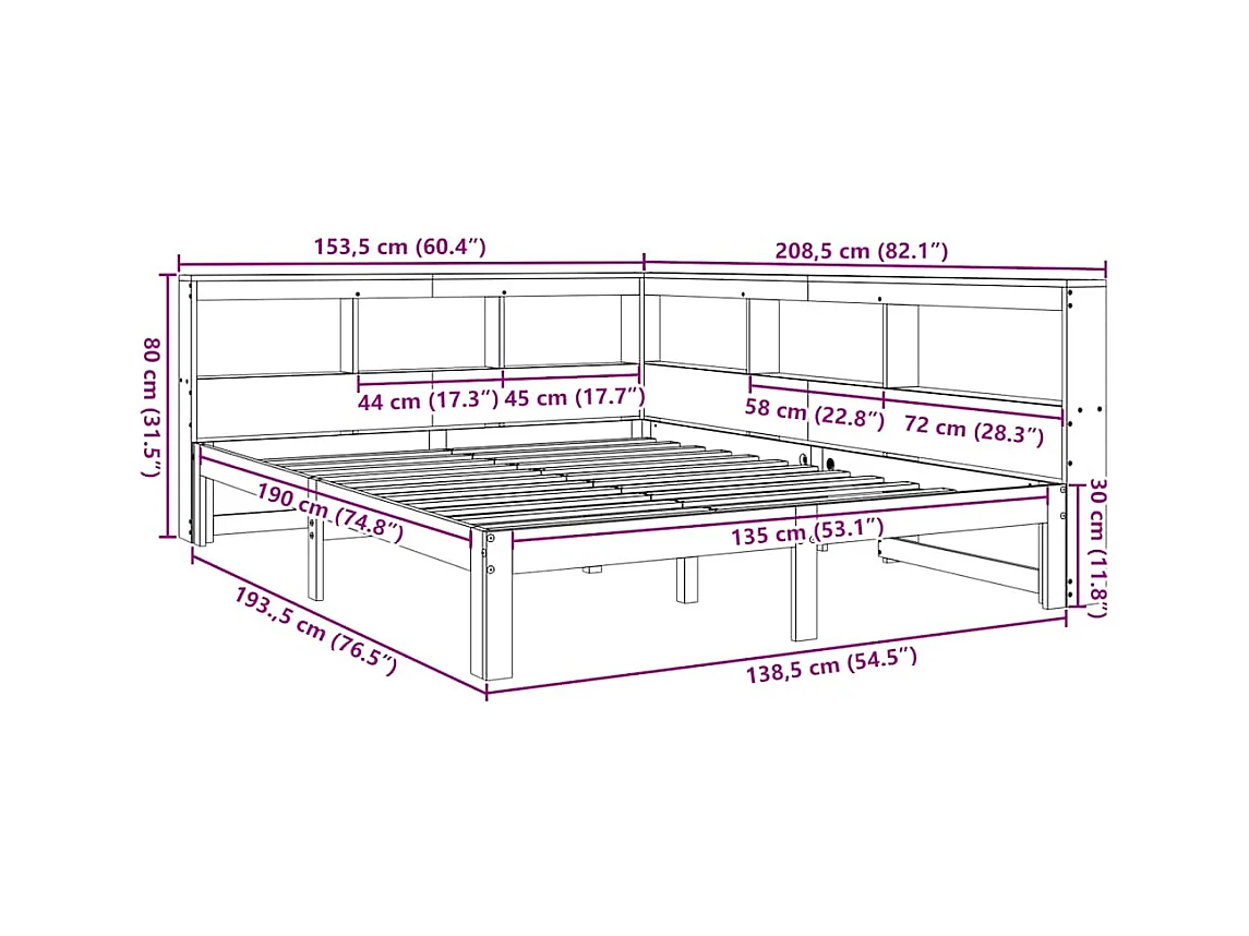 Massivholzbett mit Regal ohne Matratze Wachsbraun 135x190 cm